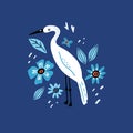 Egret and flowers. Cartoon hand drawn modern style bird stand and decor botanical elements, doodle colorful blue illustration,