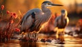 Egret standing in water, reflecting the sunset generated by AI