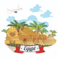 Egypt advertising vector with airplane. Welcome to Egypt. Egyptian traditional icons in flat design. Holiday banner. Royalty Free Stock Photo