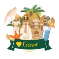 Egypt advertising vector. Egyptian traditional icons in flat design. Holiday banner. Royalty Free Stock Photo