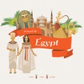 Egypt amazing advertising vector. Egyptian traditional icons in flat design. Holiday banner. Vacation and summer. Royalty Free Stock Photo