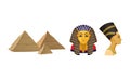 Egypt Attribute with Nefertiti Head and Pyramid Vector Set
