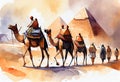 Egypt, camels. Artwork watercolor. AI generative. Travel