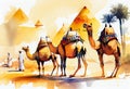 Egypt, camels with pyramides. Artwork watercolor. AI generative.