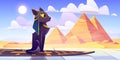 Egypt cat goddess Bastet sitting front of pyramids