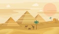 Egypt desert landscape. Egyptian pyramids with camels, African sand dunes panorama, sahara sunset, palm trees and