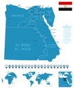 Egypt - detailed blue country map with cities, regions, location on world map and globe. Infographic icons