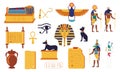 Egypt hieroglyphs. Cartoon Egyptian culture elements. Ancient graves of pharaohs, mythological gods, lettering on stone