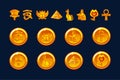 Egypt icons coins and design elements isolated. Collection of ancient Egypt icons - pyramid, scarab, cat, Sphinx, eye Royalty Free Stock Photo