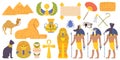 Egypt Landmarks and Religious Elements Set. Majestic Pyramids Of Giza, Sphinx, Pharaoh Sarcophagus and Scarab