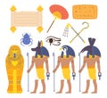 Egypt Landmarks and Religious Elements Set. Pharaoh Sarcophagus, Scroll, Hieroglyphs, Fan and Scarab. Gods Anubis, Ra