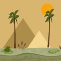 Egypt landscape, pyramid vector illustration. Africa nature, swamp with water lilies, frog, reeds.