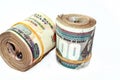 Egypt money roll pounds isolated on white background, 200 LE and 100 LE two hundred and one hundred Egyptian pounds cash money Royalty Free Stock Photo