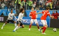 Egypt national team players Amr Warda and Mohamed Abdel-Shafy against Russia national team players Mario Fernandes and Daler