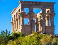 Egypt, Nile, Egyptian temple, ruins, on hillside, square 12 columns, blue sky