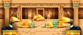 Egypt pharaoh treasure background, vector game ancient temple tomb interior, gold coin pile, Anubis.