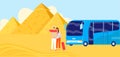 Egypt pyramid, tourist travel bus, tourism trip, transportation background, design, in cartoon style vector illustration Royalty Free Stock Photo