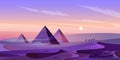 Egypt pyramids and Nile river in dusk desert.