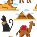 Egypt seamless pattern Pyramid and Sphinx cat and camel