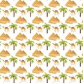Egypt seamless pattern. Tourism travel endless background, pyramid palm camel repeating texture.Vacation backdrop