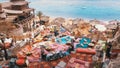 Rocky Beach with Arabic Cafes in Retro Style on the Red Sea Coast with Umbrellas, Sun Beds and Corals. Egypt