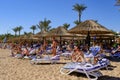 People sunbathe on sun loungers near the sea on an exotic beach among palm trees