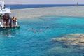 Egypt, Sharm el Sheikh - July 23, 2021.A white ship, people are snorkeling in the red sea. Tiran island Royalty Free Stock Photo
