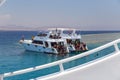 Egypt, Sharm el Sheikh - July 23, 2021. A white ship, people are snorkeling in the red sea. Tiran island Royalty Free Stock Photo