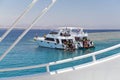 Egypt, Sharm el Sheikh - July 23, 2021. A white ship, people are snorkeling in the red sea. Tiran island Royalty Free Stock Photo