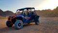 Egypt, Sharm El Sheikh - June 07, 2019: A blue buggy stands in the desert amid mountains at sunset without people