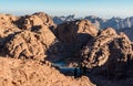Egypt, Sinai, Mount Moses. View from road on which pilgrims climb the mountain of Moses and little mountain lake in valley Royalty Free Stock Photo