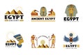 Egypt stickers. Ancient monuments sphinx statue pyramid desert travel symbols recent vector stylized labels Royalty Free Stock Photo