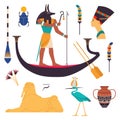 Egypt Symbols and Attributes with Nefertiti Bust, Anubis on Boat and Androsphinx Vector Set