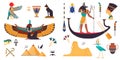 Egypt Symbols and Attributes with Winged Isis Goddess, Pyramid and Androsphinx Vector Set Royalty Free Stock Photo