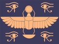 Egypt symbols. Scarab beetle. Horus eye. Mystic signs. Sacred animal. Egyptian mythology and religion. Insect with wings