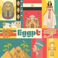 Egypt colorful vector set in vintage style. Egyptian traditional icons in flat design. Vacation and summer Royalty Free Stock Photo