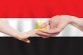 Egyptan baby and parent hands on the background of flag of Egypt Help, aid, support, charity concept