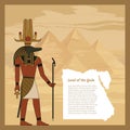 Egyptian ancient god Sobek. The man is holding a staff. On the head are bird. Ankh. Vector illustration. Royalty Free Stock Photo