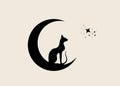 Egyptian Black Cat sitting on the crescent Moon, look at the stars. Alchemy Logo Wicca symbol, boho style, tattoo icon. Vector