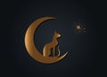 Egyptian Black Cat sitting on the crescent Moon, look at the stars. Golden Alchemy Logo Wicca symbol, boho style, gold tattoo icon