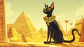 The Egyptian cat goddess Bastet sits on the palace floor, outside the Pharaoh pyramids in the Sahara. Cartoon sacred