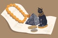 Egyptian cat, a pyramid and papyrus. Vector, eps 10. Royalty Free Stock Photo