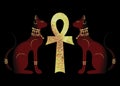 Egyptian cats and Antique golden ankh Egyptian religious symbol. Bastet, ancient Egypt goddess and cross, statue profile and cross