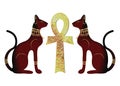 Egyptian cats and Antique golden ankh Egyptian religious symbol. Bastet, ancient Egypt goddess and cross, statue profile and cross