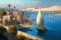 Egyptian city of Aswan, with a view of the Giza Pyramids, the Nile, and sailboats