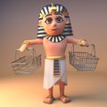 Egyptian 3d cartoon Cleopatra Tutankhamun character with empty shopping baskets, 3d illustration