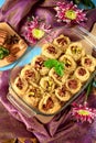 Egyptian dessert Kunafa made of kataifi dough with pistachio and pecan nuts Royalty Free Stock Photo