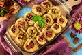 Egyptian dessert Kunafa made of kataifi dough with pistachio and pecan nuts Royalty Free Stock Photo