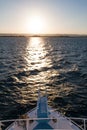 Egyptian Dive Boat Bow and Pullpit at Sunset with Sand Dunes in Royalty Free Stock Photo