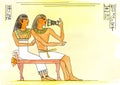 Egyptian drinking wine, fresco with Egyptian people sitting on a throne.